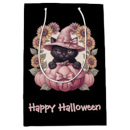 Sacola Para Presentes Média Feliz Halloween Coquette Gato Preto & Abóbora Rosa