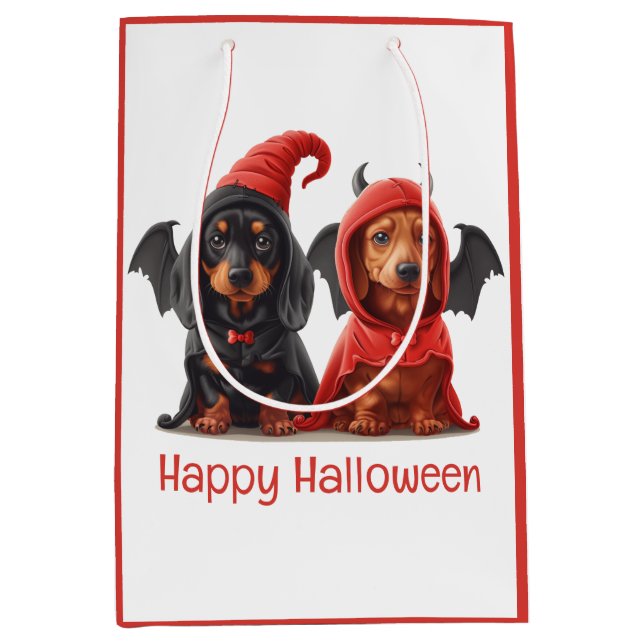 Sacola Para Presentes Média Feliz Halloween Dachshund Dogs Devil Bat (Frente)
