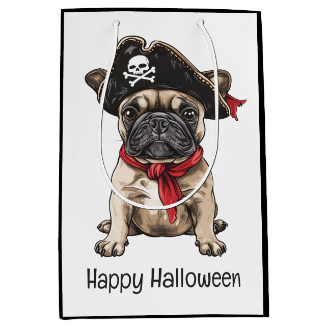 Sacola Para Presentes Média Feliz Halloween Pirate Buldogue Francês (Frente)
