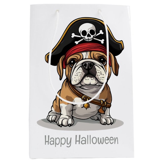 Sacola Para Presentes Média Feliz Halloween Pirate English Buldogue (Frente)