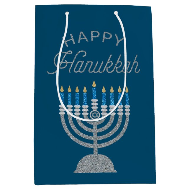 Sacola Para Presentes Média Feliz Hanukkah Glitter (Frente)
