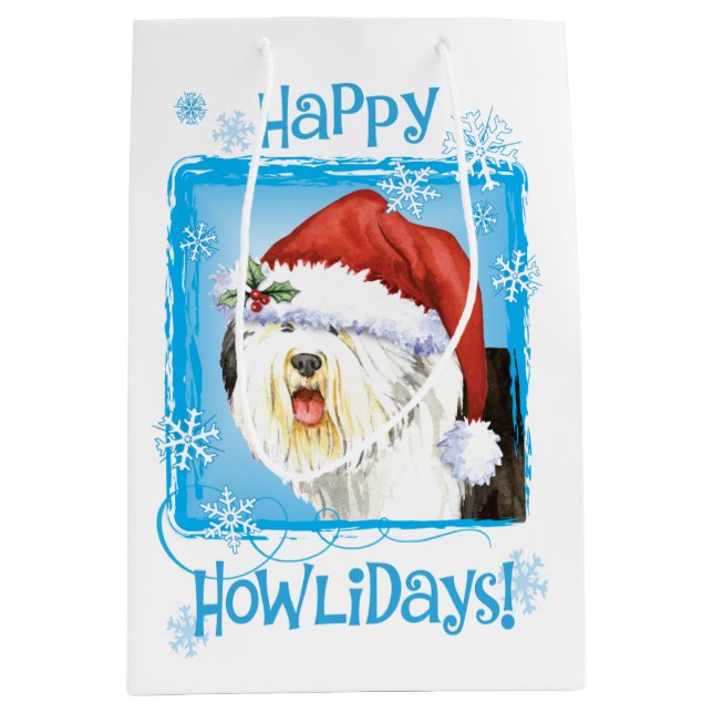 Sacola Para Presentes Média Feliz Howlidays Old English Sheepdog (Frente)