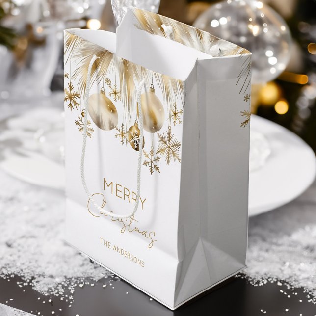 Sacola Para Presentes Média Feliz Natal - Baubles de Ouro Branco (Merry Christmas white gold boho metallic baubles  snowflakes pampas grass personalized Gift Bag)