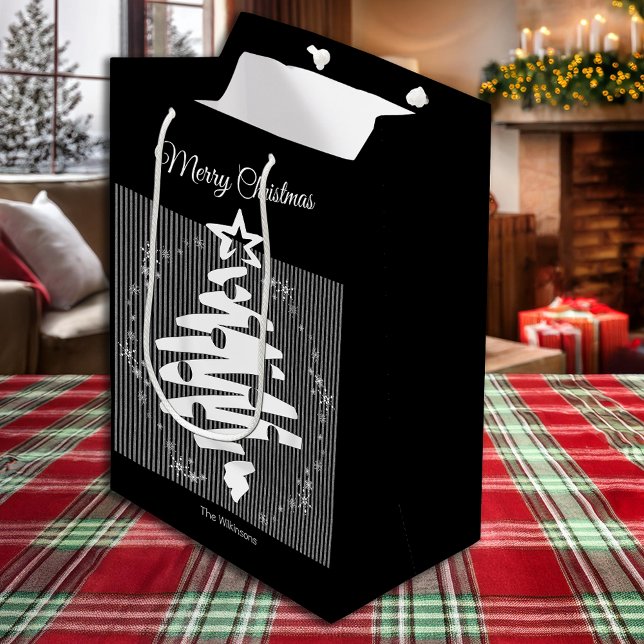 Sacola Para Presentes Média Feliz Natal Black White Stripe Moderno Feriado (Merry Christmas Black White Stripe Modern Holiday Medium Gift Bag)