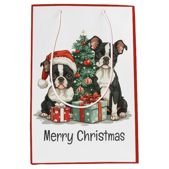 Sacola Para Presentes Média Feliz Natal - Boston Terrier Dogs (Frente)