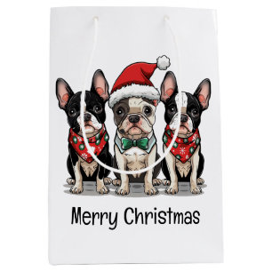 Sacola Para Presentes Média Feliz Natal - Boston Terrier Dogs