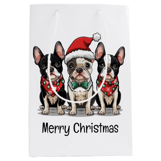 Sacola Para Presentes Média Feliz Natal - Boston Terrier Dogs (Frente)