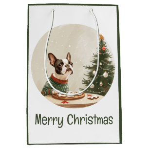 Sacola Para Presentes Média Feliz Natal Cachorro Boston Terrier