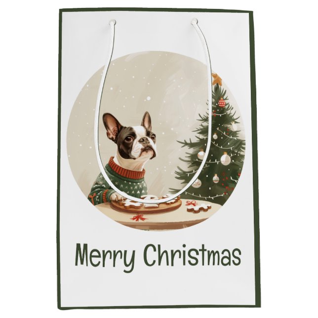 Sacola Para Presentes Média Feliz Natal Cachorro Boston Terrier (Frente)