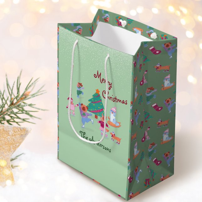 Sacola Para Presentes Média Feliz Natal Cachorro Gelado Pavimento Pistachio Ve (Criador carregado)