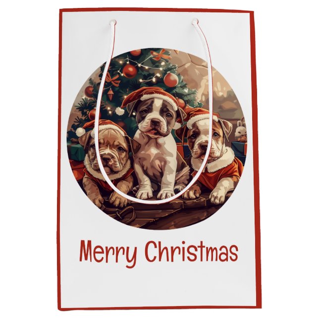 Sacola Para Presentes Média Feliz Natal Cachorros Pit Bull (Frente)
