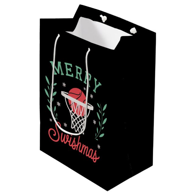 Sacola Para Presentes Média Feliz Natal com Basquete Esportes de Natal  (Frente inclinada)
