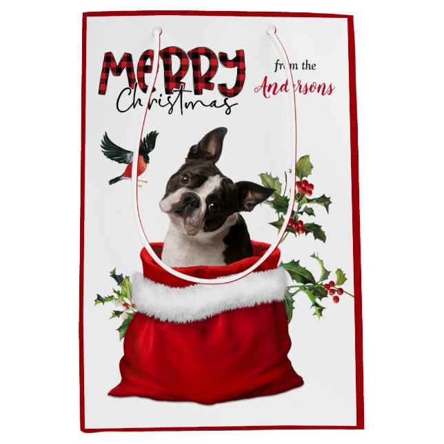 Sacola Para Presentes Média Feliz Natal de Boston Terrier Dog (Frente)