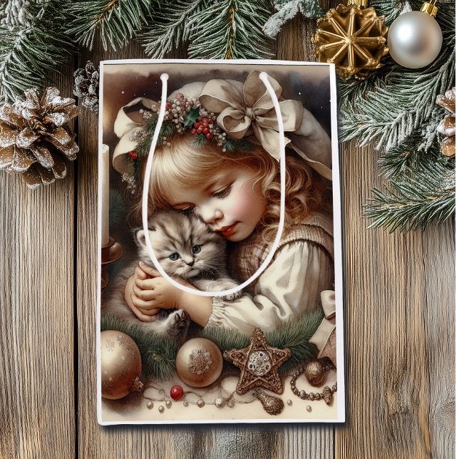 Sacola Para Presentes Média Feliz Natal de Kitten Fofinho (Criador carregado)