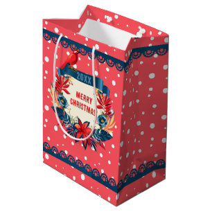 Sacola Para Presentes Média Feliz Natal e Feliz Ano Novo! Pássaro Vermelho Nev
