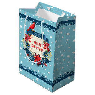 Sacola Para Presentes Média Feliz Natal e Feliz Ano Novo! Pássaro Vermelho Nev