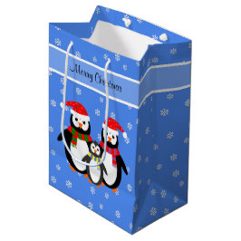 Sacola Para Presentes Média Feliz Natal editável texto para pinguins azul