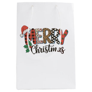 Sacola Para Presentes Média Feliz Natal Família Leopardo Xadrez Búfalo Amor