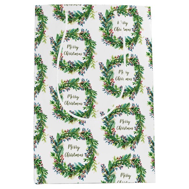 Sacola Para Presentes Média Feliz Natal Férias Wreath (Frente)