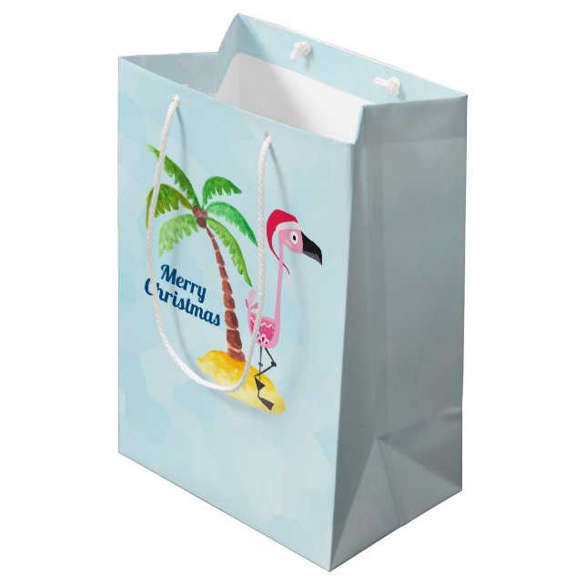 Sacola Para Presentes Média Feliz Natal Flamingo Rosa em Santa Hat (Frente inclinada)