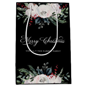 Sacola Para Presentes Média Feliz Natal Flores de Aquarela a Preto