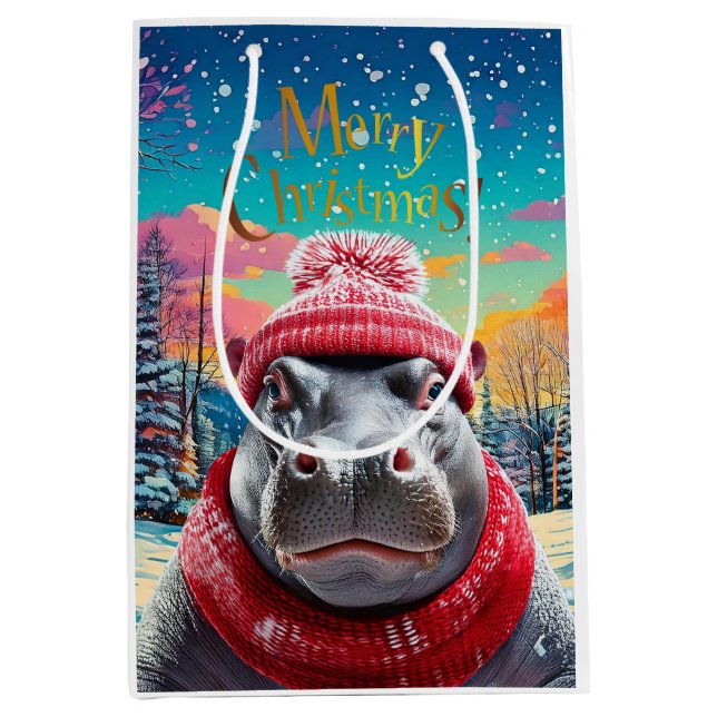 Sacola Para Presentes Média Feliz Natal Hippo Santa Chapéu e cachecol (Frente)