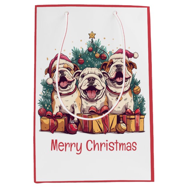Sacola Para Presentes Média Feliz Natal Inglês Bulldog Santa Hats (Frente)