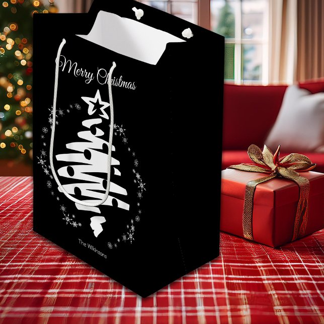 Sacola Para Presentes Média Feliz Natal Negro Natal Feriado Moderno Mínimo (Merry Christmas Black White Minimal Modern Holiday Medium Gift Bag)