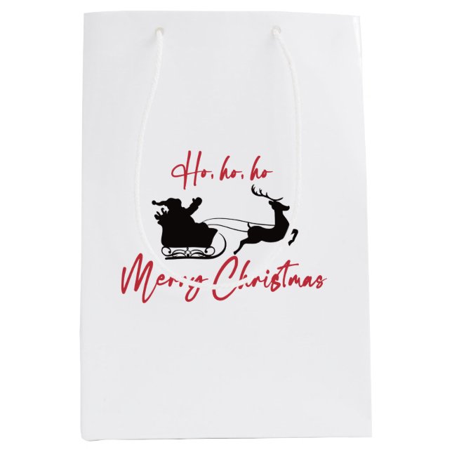 Sacola Para Presentes Média Feliz Natal Papais noeis Sleigh e Reindeer (Frente)