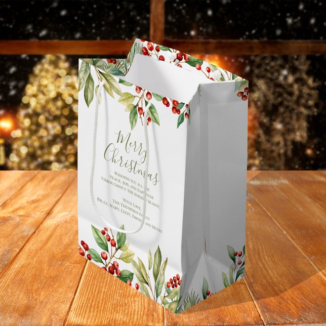 Sacola Para Presentes Média Feliz Natal Red Holly Greenery Personalizado (Merry Christmas holiday custom gift bag Medium)