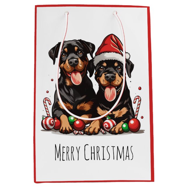 Sacola Para Presentes Média Feliz Natal Rottweiler Papais noeis (Frente)