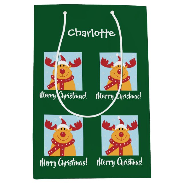 Sacola Para Presentes Média Feliz Natal Rudolph Reindeer Personalize Nome (Frente)