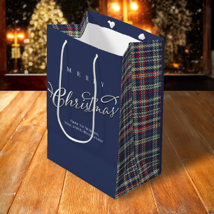 Sacola Para Presentes Média Feliz Natal - Script de Caligrafia Marinho Xadrez