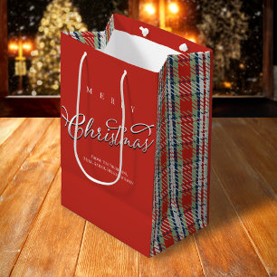 Sacola Para Presentes Média Feliz Natal - Script de Caligrafia - Xadrez Vermel
