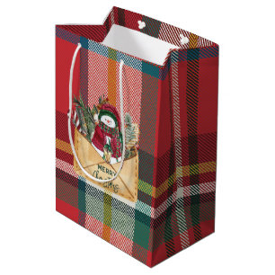 Sacola Para Presentes Média Feliz Natal Xadrez Rústico Vermelho e Verde