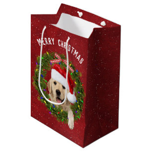 Sacola Para Presentes Média Feliz Ouro de Natal para o Retriever em liberdade