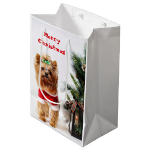 Sacola Para Presentes Média Feliz Papais noeis de Natal Yorkie com a Árvore de