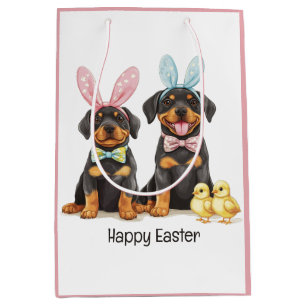 Sacola Para Presentes Média Feliz Páscoa Rottweiler Cães Orelhas de Coelho