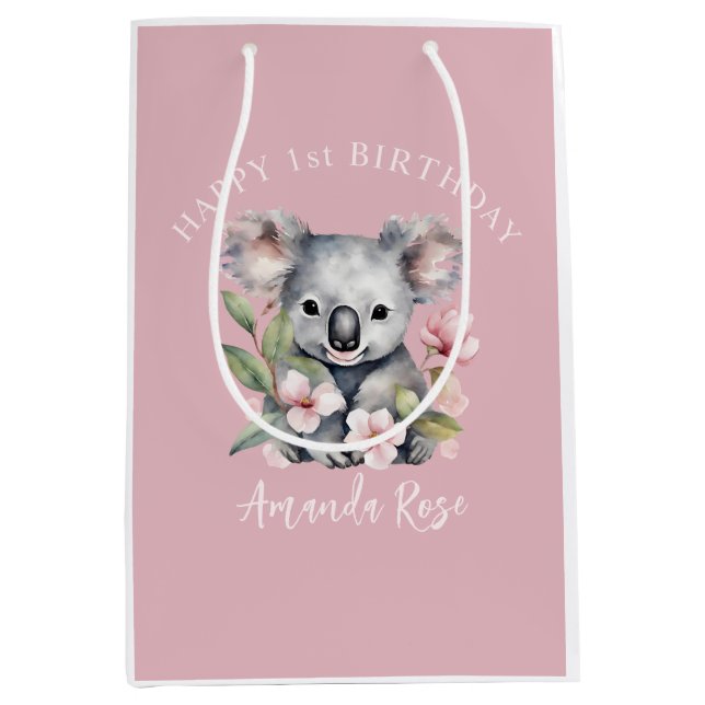 Sacola Para Presentes Média Feliz Primeiro Aniversário Watercolor Koala (Frente)