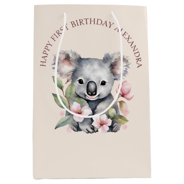 Sacola Para Presentes Média Feliz Primeiro Aniversário Watercolor Koala (Frente)
