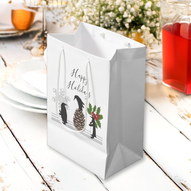 Sacola Para Presentes Média Felizes Férias Feliz Pinguim de Natal Engraçado (Criador carregado)