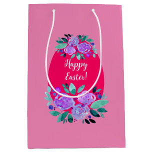 Sacola Para Presentes Média Felz pascoa de aquarela, ovo cor-de-rosa floral