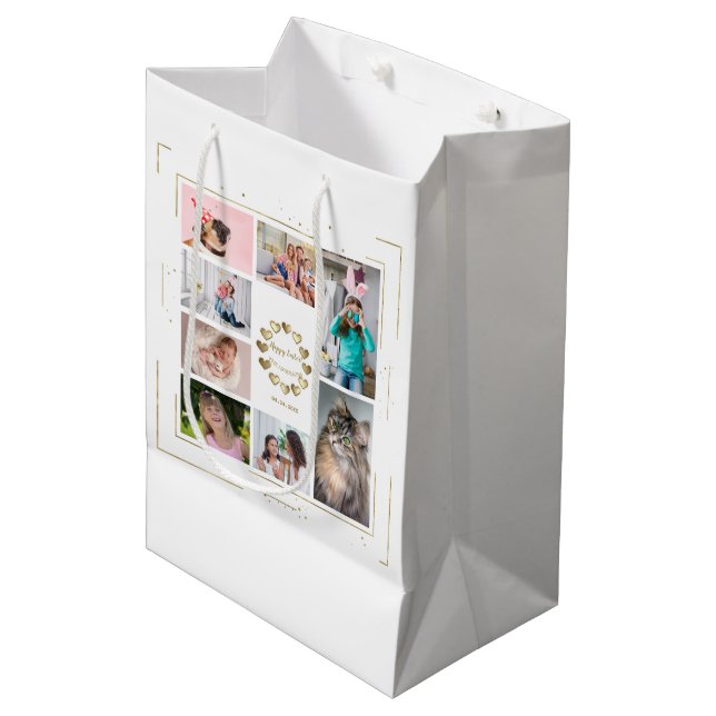 Sacola Para Presentes Média Felz pascoa de Colagem de Fotos da Família Glitter (Frente inclinada)