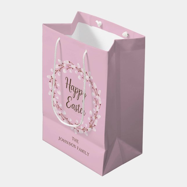 Sacola Para Presentes Média Felz pascoa Pussy Selvagem, Rosa-Rosa, (Cute Pink Pussy Willow Happy Easter Medium Gift Bag)