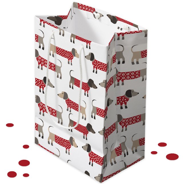 Sacola Para Presentes Média Feriado de Canino de Salsicha de Dachshund (Gift bag featuring festive Dachshund Sausage Wiener Dogs in red and white knitwear)