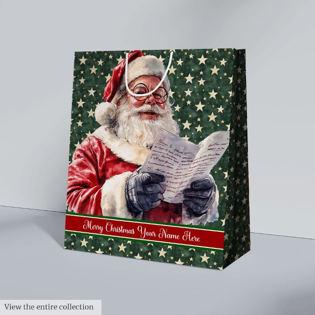 Sacola Para Presentes Média Feriado de Gift Bag do Nome Personalizado do Vinta (Vintage Santa Claus Custom Name Gift Bag Holiday)