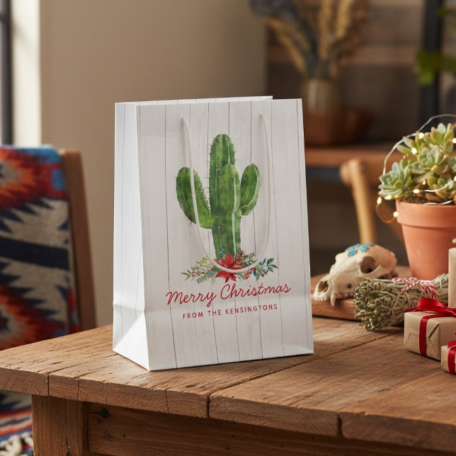 Sacola Para Presentes Média Feriado de Madeira Branca de Natal Russo Cactus (Criador carregado)