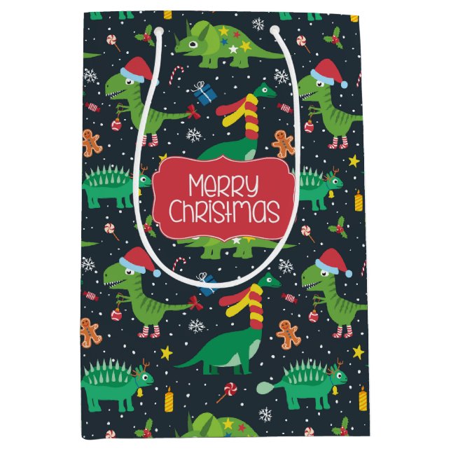 Sacola Para Presentes Média Feriado de Natal Dinossauro Gift Bag (Frente)