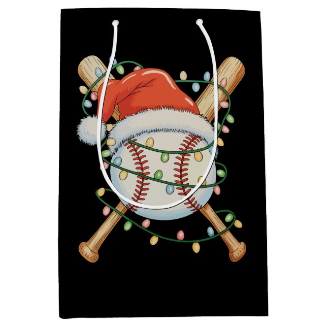 Sacola Para Presentes Média Feriado de Natal do Baseball Santa Hat no Natal (Frente)