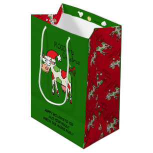 Sacola Para Presentes Média Feriado de Natal do Cartoon Engraçado de Vaca